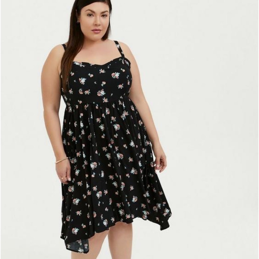 Torrid Black Floral Challis Sharkbite Dress